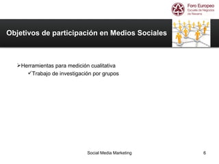 Herramientas para medición cualitativa Trabajo de investigación por grupos  Objetivos de participación en Medios Sociales 