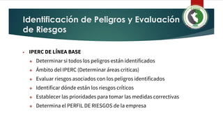 Identificación de Peligros y Evaluación
de Riesgos
▶ IPERC DE LÍNEA BASE
❖ Determinar si todos los peligros están identificados
❖ Ámbito del IPERC (Determinar áreas criticas)
❖ Evaluar riesgos asociados con los peligros identificados
❖ Identificar dónde están los riesgos críticos
❖ Establecer las prioridades para tomar las medidas correctivas
❖ Determina el PERFIL DE RIESGOS de la empresa
 