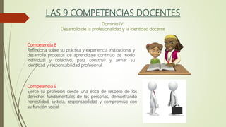 LAS 9 COMPETENCIAS DOCENTES
Dominio IV:
Desarrollo de la profesionalidad y la identidad docente
Competencia 8
Reflexiona sobre su práctica y experiencia institucional y
desarrolla procesos de aprendizaje continuo de modo
individual y colectivo, para construir y armar su
identidad y responsabilidad profesional.
Competencia 9
Ejerce su profesión desde una ética de respeto de los
derechos fundamentales de las personas, demostrando
honestidad, justicia, responsabilidad y compromiso con
su función social.
 