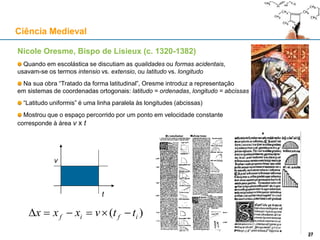 Nicole Oresme, Bispo de Lisieux (c. 1320-1382)
Quando em escolástica se discutiam as qualidades ou formas acidentais,
usavam-se os termos intensio vs. extensio, ou latitudo vs. longitudo
Na sua obra “Tratado da forma latitudinal”, Oresme introduz a representação
em sistemas de coordenadas ortogonais: latitudo = ordenadas, longitudo = abcissas
“Latitudo uniformis” é uma linha paralela às longitudes (abcissas)
Mostrou que o espaço percorrido por um ponto em velocidade constante
corresponde à área v x t
Ciência Medieval
27
t
v
)( ifif ttvxxx 
27
 