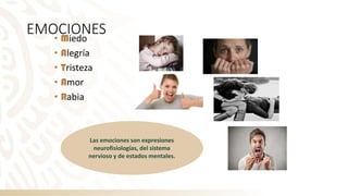 EMOCIONES
• Miedo
• Alegría
• Tristeza
• Amor
• Rabia
Las emociones son expresiones
neurofisiologías, del sistema
nervioso y de estados mentales.
 