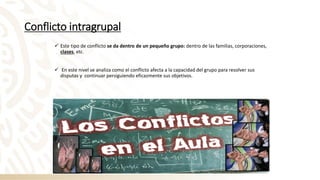 Conflicto intragrupal
✓ Este tipo de conflicto se da dentro de un pequeño grupo: dentro de las familias, corporaciones,
clases, etc.
✓ En este nivel se analiza como el conflicto afecta a la capacidad del grupo para resolver sus
disputas y continuar persiguiendo eficazmente sus objetivos.
 