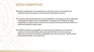 ESTILO COMPETITIVO
❖El estilo competitivo se corresponde con aquél en el que no escuchamos los
intereses de las otras partes y nos limitamos a defender el nuestro.
❖ A primera vista puede parecernos muy competitivo, muy agresivo y poco adecuado
si defendemos valores como la solidaridad o la empatía. Sin embargo, el estilo
competidor se revela como el único eficaz cuando las demás partes del conflicto no
están practicando el juego limpio.
❖ También puede ser aconsejable en situaciones de emergencia, en las que se
necesita una acción decidida y eficaz por parte del líder, o en los casos que
requieren que tomemos medidas impopulares que son necesarias, a pesar de que
estas puedan afectar a otras personas.
 