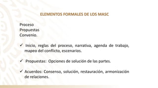 ELEMENTOS FORMALES DE LOS MASC
ELEMENTOS FORMALES DE LOS MASC
Proceso
Propuestas
Convenio.
✓ Inicio, reglas del proceso, narrativa, agenda de trabajo,
mapeo del conflicto, escenarios.
✓ Propuestas: Opciones de solución de las partes.
✓ Acuerdos: Consenso, solución, restauración, armonización
de relaciones.
 