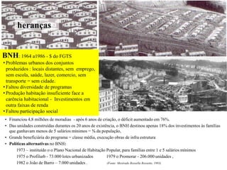• Financiou 4,8 milhões de moradias - após 6 anos de criação, o déficit aumentado em 76%.
• Das unidades construídas durantes os 20 anos de existência, o BNH destinou apenas 18% dos investimentos às famílias
que ganhavam menos de 5 salários mínimos = ¾ da população,
• Grande beneficiária do programa = classe média, execução obras de infra estrutura
• Políticas alternativas no BNH:
1973 – instituído o o Plano Nacional de Habitação Popular, para famílias entre 1 e 5 salários mínimos
1975 o Profilurb - 73.000 lotes urbanizados 1979 o Promorar - 206.000 unidades ,
1982 o João de Barro – 7.000 unidades , (Fonte: Mestrado Rossella Rossetto, 1993)
BNH: 1964 a1986 - $ do FGTS
• Problemas urbanos dos conjuntos
produzidos : locais distantes, sem emprego,
sem escola, saúde, lazer, comercio, sem
transporte = sem cidade.
• Faltou diversidade de programas
• Produção habitação insuficiente face a
carência habitacional - Investimentos em
outra faixas de renda
• Faltou participação social
heranças
 