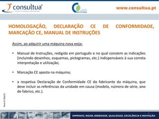 Mod.CF.066/01
5
HOMOLOGAÇÃO, DECLARAÇÃO CE DE CONFORMIDADE,
MARCAÇÃO CE, MANUAL DE INSTRUÇÕES
Assim, ao adquirir uma máquina nova exija:
• Manual de Instruções, redigido em português e no qual constem as indicações
(incluindo desenhos, esquemas, pictogramas, etc.) indispensáveis à sua correta
interpretação e utilização;
• Marcação CE aposta na máquina;
• a respetiva Declaração de Conformidade CE do fabricante da máquina, que
deve incluir as referências da unidade em causa (modelo, número de série, ano
de fabrico, etc.).
 