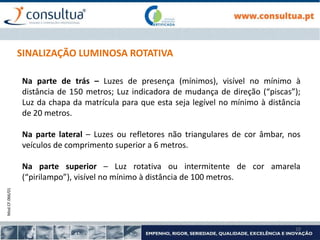 Mod.CF.066/01
10
SINALIZAÇÃO LUMINOSA ROTATIVA
Na parte de trás – Luzes de presença (mínimos), visível no mínimo à
distância de 150 metros; Luz indicadora de mudança de direção (“piscas”);
Luz da chapa da matrícula para que esta seja legível no mínimo à distância
de 20 metros.
Na parte lateral – Luzes ou refletores não triangulares de cor âmbar, nos
veículos de comprimento superior a 6 metros.
Na parte superior – Luz rotativa ou intermitente de cor amarela
(“pirilampo”), visível no mínimo à distância de 100 metros.
 