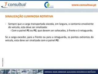 Mod.CF.066/01
14
SINALIZAÇÃO LUMINOSA ROTATIVA
- Sempre que a carga transportada exceda, em largura, o contorno envolvente
do veículo, esta deve ser sinalizada:
- Com o painel P1 ou P2, que devem ser colocados, à frente e à retaguarda.
Se a carga exceder, para a frente ou para a retaguarda, os pontos extremos do
veículo, esta deve ser sinalizada com o painel P2.
 
