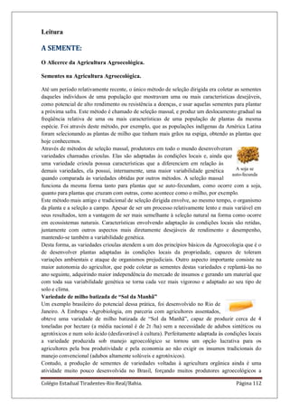 Colégio Estadual Tiradentes-Rio Real/Bahia. Página 112
A soja se
auto-fecunda
Leitura
A SEMENTE:
O Alicerce da Agricultura Agroecológica.
Sementes na Agricultura Agroecológica.
Até um período relativamente recente, o único método de seleção dirigida era coletar as sementes
daqueles indivíduos de uma população que mostravam uma ou mais características desejáveis,
como potencial de alto rendimento ou resistência a doenças, e usar aquelas sementes para plantar
a próxima safra. Este método é chamado de seleção massal, e produz um deslocamento gradual na
freqüência relativa de uma ou mais características de uma população de plantas da mesma
espécie. Foi através deste método, por exemplo, que as populações indígenas da América Latina
foram selecionando as plantas de milho que tinham mais grãos na espiga, obtendo as plantas que
hoje conhecemos.
Através de métodos de seleção massal, produtores em todo o mundo desenvolveram
variedades chamadas crioulas. Elas são adaptadas às condições locais e, ainda que
uma variedade crioula possua características que a diferenciem em relação às
demais variedades, ela possui, internamente, uma maior variabilidade genética
quando comparada às variedades obtidas por outros métodos. A seleção massal
funciona da mesma forma tanto para plantas que se auto-fecundam, como ocorre com a soja,
quanto para plantas que cruzam com outras, como acontece como o milho, por exemplo.
Este método mais antigo e tradicional de seleção dirigida envolve, ao mesmo tempo, o organismo
da planta e a seleção a campo. Apesar de ser um processo relativamente lento e mais variável em
seus resultados, tem a vantagem de ser mais semelhante à seleção natural na forma como ocorre
em ecossistemas naturais. Características envolvendo adaptação às condições locais são retidas,
juntamente com outros aspectos mais diretamente desejáveis de rendimento e desempenho,
mantendo-se também a variabilidade genética.
Desta forma, as variedades crioulas atendem a um dos princípios básicos da Agroecologia que é o
de desenvolver plantas adaptadas às condições locais da propriedade, capazes de toleram
variações ambientais e ataque de organismos prejudiciais. Outro aspecto importante consiste na
maior autonomia do agricultor, que pode coletar as sementes destas variedades e replantá-las no
ano seguinte, adquirindo maior independência do mercado de insumos e gerando um material que
com toda sua variabilidade genética se torna cada vez mais vigoroso e adaptado ao seu tipo de
solo e clima.
Variedade de milho batizada de “Sol da Manhã”
Um exemplo brasileiro do potencial dessa prática, foi desenvolvido no Rio de
Janeiro. A Embrapa -Agrobiologia, em parceria com agricultores assentados,
obteve uma variedade de milho batizada de “Sol da Manhã”, capaz de produzir cerca de 4
toneladas por hectare (a média nacional é de 2t /ha) sem a necessidade de adubos sintéticos ou
agrotóxicos e num solo ácido (desfavorável à cultura). Perfeitamente adaptada às condições locais
a variedade produzida sob manejo agroecológico se tornou um opção lucrativa para os
agricultores pela boa produtividade e pela economia ao não exigir os insumos tradicionais do
manejo convencional (adubos altamente solúveis e agrotóxicos).
Contudo, a produção de sementes de variedades voltadas à agricultura orgânica ainda é uma
atividade muito pouco desenvolvida no Brasil, forçando muitos produtores agroecológicos a
 