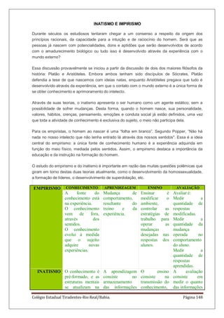 Colégio Estadual Tiradentes-Rio Real/Bahia. Página 148
INATISMO E IMPIRISMO
Durante séculos os estudiosos tentaram chegar a um consenso a respeito da origem dos
princípios racionais, da capacidade para a intuição e de raciocínio do homem. Será que as
pessoas já nascem com potencialidades, dons e aptidões que serão desenvolvidos de acordo
com o amadurecimento biológico ou tudo isso é desenvolvido através da experiência com o
mundo externo?
Essa discussão provavelmente se iniciou a partir da discussão de dois dos maiores filósofos da
história: Platão e Aristóteles. Embora ambos tenham sido discípulos de Sócrates, Platão
defendia a tese de que nascemos com ideias natas, enquanto Aristóteles pregava que tudo é
desenvolvido através da experiência, em que o contato com o mundo externo é a única forma de
se obter conhecimento e aprimoramento do intelecto.
Através de suas teorias, o inatismo apresenta o ser humano como um agente estático, sem a
possibilidade de sofrer mudanças. Desta forma, quando o homem nasce, sua personalidade,
valores, hábitos, crenças, pensamento, emoções e conduta social já estão definidos, uma vez
que toda a atividade de conhecimento é exclusiva do sujeito, o meio não participa dela.
Para os empiristas, o homem ao nascer é uma ―folha em branco‖. Segundo Popper, ―Não há
nada no nosso intelecto que não tenha entrado lá através dos nossos sentidos". Essa é a ideia
central do empirismo: a única fonte de conhecimento humano é a experiência adquirida em
função do meio físico, mediada pelos sentidos. Assim, o empirismo destaca a importância da
educação e da instrução na formação do homem.
O estudo do empirismo e do inatismo é importante em razão das muitas questões polêmicas que
giram em torno destas duas teorias atualmente, como o desenvolvimento da homossexualidade,
a formação de líderes, o desenvolvimento de superdotação, etc.
EMPIRISMO CONHECIMENTO APRENDIZAGEM ENSINO AVALIAÇÃO
A fonte do
conhecimento está
na experiência.
O conhecimento
vem de fora,
através dos
sentidos.
O conhecimento
evolui à medida
que o sujeito
adquire novas
experiências.
Mudança de
comportamento,
resultante do
treino e da
experiência.
Ensinar é
modificar o
ambiente,
controlar as
estratégias de
trabalho para
operar as
mudanças
desejadas nas
respostas dos
alunos.
Avaliar é:
Medir a
quantidade de
respostas
modificadas.
Medir a
quantidade da
mudança
operada no
comportamento
do aluno.
Medir a
quantidade de
respostas
aprendidas.
INATISMO O conhecimento é
pré-formado, e as
estruturas mentais
se atualizam na
A aprendizagem
consiste no
armazenamento
das informações
O ensino
consiste na
transmissão do
conhecimento,
A avaliação
consiste em
medir o quanto
das informações
 