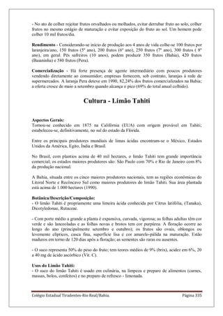 Colégio Estadual Tiradentes-Rio Real/Bahia. Página 335
- No ato de colher rejeitar frutos orvalhados ou molhados, evitar derrubar fruto ao solo, colher
frutos no mesmo estágio de maturação e evitar exposição do fruto ao sol. Um homem pode
colher 10 mil frutos/dia.
Rendimento - Considerando-se início de produção aos 4 anos de vida colhe-se 100 frutos por
laranjeira/ano, 150 frutos (5º ano), 200 frutos (6º ano), 250 frutos (7º ano), 300 frutos ( 8º
ano), em geral. Pés safreiros (10 anos), podem produzir 350 frutos (Bahia), 420 frutos
(Baianinha) e 580 frutos (Pera).
Comercialização - Há forte presença de agente intermediário com poucos produtores
vendendo diretamente ao consumidor; empresas fornecem, sob contrato, laranjas à rede de
supermercados. A laranja Pera deteve em 1990, 82,24% dos frutos comercializados na Bahia;
a oferta cresce de maio a setembro quando alcança o pico (69% do total anual colhido).
Cultura - Limão Tahiti
Aspectos Gerais:
Tornou-se conhecido em 1875 na Califórnia (EUA) com origem provável em Tahiti;
estabeleceu-se, definitivamente, no sul do estado da Flórida.
Entre os principais produtores mundiais de limas ácidas encontram-se o México, Estados
Unidos da América, Egito, Índia e Brasil.
No Brasil, com plantios acima de 40 mil hectares, o limão Tahiti tem grande importância
comercial; os estados maiores produtores são: São Paulo com 70% e Rio de Janeiro com 8%
da produção nacional.
A Bahia, situada entre os cinco maiores produtores nacionais, tem as regiões econômicas do
Litoral Norte e Recôncavo Sul como maiores produtores do limão Tahiti. Sua área plantada
está acima de 1.000 hectares (1990).
Botânica/Descrição/Composição:
- O limão Tahiti é propriamente uma limeira ácida conhecida por Citrus latifólia, (Tanaka),
Dicotyledonae, Rutaceae.
- Com porte médio a grande a planta é expansiva, curvada, vigorosa; as folhas adultas têm cor
verde e são lanceoladas e as folhas novas e brotos tem cor purpúrea. A floração ocorre ao
longo do ano (principalmente setembro e outubro); os frutos são ovais, oblongos ou
levemente elípticos, casca fina, superfície lisa e cor amarelo-pálida na maturação. Estão
maduros em torno de 120 dias após a floração; as sementes são raras ou ausentes.
- O suco representa 50% do peso do fruto; tem teores médios de 9% (brix), acidez em 6%, 20
a 40 mg de ácido ascórbico (Vit. C).
Usos do Limão Tahiti:
- O suco do limão Tahiti é usado em culinária, na limpeza e preparo de alimentos (carnes,
massas, bolos, confeitos) e no preparo de refresco - limonada.
 