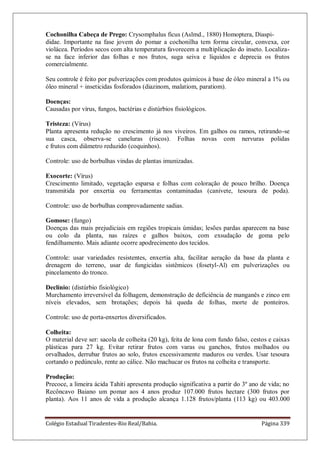 Colégio Estadual Tiradentes-Rio Real/Bahia. Página 339
Cochonilha Cabeça de Prego: Crysomphalus ficus (Aslmd., 1880) Homoptera, Diaspi-
didae. Importante na fase jovem do pomar a cochonilha tem forma circular, convexa, cor
violácea. Períodos secos com alta temperatura favorecem a multiplicação do inseto. Localiza-
se na face inferior das folhas e nos frutos, suga seiva e líquidos e deprecia os frutos
comercialmente.
Seu controle é feito por pulverizações com produtos químicos à base de óleo mineral a 1% ou
óleo mineral + inseticidas fosforados (diazinom, malatiom, paratiom).
Doenças:
Causadas por vírus, fungos, bactérias e distúrbios fisiológicos.
Tristeza: (Vírus)
Planta apresenta redução no crescimento já nos viveiros. Em galhos ou ramos, retirando-se
sua casca, observa-se caneluras (riscos). Folhas novas com nervuras polidas
e frutos com diâmetro reduzido (coquinhos).
Controle: uso de borbulhas vindas de plantas imunizadas.
Exocorte: (Vírus)
Crescimento limitado, vegetação esparsa e folhas com coloração de pouco brilho. Doença
transmitida por enxertia ou ferramentas contaminadas (canivete, tesoura de poda).
Controle: uso de borbulhas comprovadamente sadias.
Gomose: (fungo)
Doenças das mais prejudiciais em regiões tropicais úmidas; lesões pardas aparecem na base
ou colo da planta, nas raízes e galhos baixos, com exsudação de goma pelo
fendilhamento. Mais adiante ocorre apodrecimento dos tecidos.
Controle: usar variedades resistentes, enxertia alta, facilitar aeração da base da planta e
drenagem do terreno, usar de fungicidas sistêmicos (fosetyl-Al) em pulverizações ou
pincelamento do tronco.
Declínio: (distúrbio fisiológico)
Murchamento irreversível da folhagem, demonstração de deficiência de manganês e zinco em
níveis elevados, sem brotações; depois há queda de folhas, morte de ponteiros.
Controle: uso de porta-enxertos diversificados.
Colheita:
O material deve ser: sacola de colheita (20 kg), feita de lona com fundo falso, cestos e caixas
plásticas para 27 kg. Evitar retirar frutos com varas ou ganchos, frutos molhados ou
orvalhados, derrubar frutos ao solo, frutos excessivamente maduros ou verdes. Usar tesoura
cortando o pedúnculo, rente ao cálice. Não machucar os frutos na colheita e transporte.
Produção:
Precoce, a limeira ácida Tahiti apresenta produção significativa a partir do 3º ano de vida; no
Recôncavo Baiano um pomar aos 4 anos produz 107.000 frutos hectare (300 frutos por
planta). Aos 11 anos de vida a produção alcança 1.128 frutos/planta (113 kg) ou 403.000
 