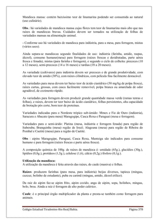 Colégio Estadual Tiradentes-Rio Real/Bahia. Página 378
Mandioca mansa: contém baixíssimo teor de linamarina podendo ser consumida ao natural
(uso culinário).
Obs.: há variedades de mandioca mansa cujas flores tem teor de linamarina mais alto que nas
raízes de mandiocas bravas. Cuidados devem ser tomados na utilização de folhas de
variedades mansas na alimentação animal.
- Conforme uso há variedades de mandioca para indústria, para a mesa, para forragem, mistas
(vários usos).
Ainda separa-se mandiocas segundo finalidades de uso: indústria (farinha, amido, raspas,
álcool), consumo humano(mesa) para forragem (raízes frescas e desidratadas, parte aérea
fresca e fenada), mistas (para farinha e forragem), e segundo o ciclo de colheita: precoces (10
a 12 meses), semi-precoces (14 a 16 meses) e tardias (18 a 20 meses).
As variedade (cultivares) para indústria devem ser precoces e de grande produtividade, com
elevado teor de amido (30%), com raízes cilíndricas, com película fina facilmente destacável.
As variedades para mesa devem ter baixo teor de ácido cianídrico (50 mg/kg de polpa fresca),
raízes curtas, grossas, com casca facilmente removível, polpa branca ou amarelada de odor
agradável, de cozimento rápido.
As variedades para forragem devem produzir grande quantidade massa verde (ramas tenras e
folhas), e raízes, devem ter teor baixo de ácido cianídrico, folhas persistentes, alta capacidade
de brotação pós corte, bom teor de proteínas.
Variedades indicadas para o Nordeste trópico sub-úmido: Mmex e Fio de Ouro (indústria),
Saracura e Abacate (para mesa) Maragogipe, Casca Roxa e Paraguai (mesa e forragem).
Variedades para o semi-árido: Platina (mesa, indústria e forragem fenada) para região de
Itaberaba; Branquinha (mesa) região de Irecê; Alagoana (mesa) para região de Ribeira do
Pombal e Caetité (mesa) para a região de Caetité.
Obs : aipins Maragogipe, Paraguai, Casca Roxa, Manteiga são indicados para consumo
humano e para forragem (raízes frescas e parte aérea fresca).
A composição química de 100g. de raízes de mandioca é: umidade (65g.), glucídios (30g.),
lipídios (0,8g.), protídeos (1,5g.), celulose (1,6), cálcio (0,2g.) fósforo (0,1g.).
Utilização da mandioca:
A utilização da mandioca é feita através das raízes, do caule (maniva) e folhas.
Raízes: produzem farinhas (para mesa, para indústria) beijus diversos, tapioca (mingau,
cuzcuz, bolinho de estudante), puba ou carimã (mingau, amido, álcool etílico).
Da raiz do aipim faz-se aipim frito, aipim cozido, angu de aipim, sopa, bolinhos, mingau,
bolo, broa. Ainda a raiz é forragem de alto poder calórico.
Caule: é o principal órgão multiplicador da planta e presta-se também como forragem para
animais.
 