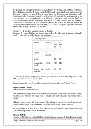 Colégio Estadual Tiradentes-Rio Real/Bahia. Página 390
Nos pomares em formação as aplicações de adubos em cobertura devem ser feitas em faixa de
20cm. de largura ao redor da planta e distante 10cm. dela (aumentando com idade do pomar).
Em pomares adultos em faixa de 3m. de comprimento por 1m. de largura (distante do caule)
de ambos os lados da planta. O solo deve ter bom índice de umidade.Os adubos orgânicos são
empregados na cova utilizando-se preferencialmente o esterco de curral bem curtido (20-30
litros) ou esterco de galinha ou torta de mamona (5 a 10 litros) 30 dias antes do plantio.As
coberturas com fertilizante: 1º ano: nitrogênio (60 dias pós plantio, na floração, 90 dias pós
floração); potássio (na floração e 90 dias após). 2º / 3º anos: nitrogênio e potássio devem ser
aplicados na floração, 90 dias e 180 dias após.
Fósforo: 1º e 2º ano dose única no período da floração.
Em caso de impossibilidade de contar com análise de solo usar a seguinte indicação:
Quadro : Indicação de adubação para maracujazeiro.
( gramas/planta )
Adubo Plantio(1) 1º
ano
(2)
2º
ano
(2)
Esterco 15
litros(3)
- -
Uréia - 65 65
Superfosfato
simples
170(3) 170 220
Cloreto de
potássio
100(3) 50 50
(1) Na cova de plantio: (2) por vez em três aplicações; (3) 30 dias antes do plantio. Fonte:
EPBA Circular Técnica nº 9, nov./1998
Se deseja-se produzir no 3º ano reduzir as quantidades de adubo para ¾ da do 2º ano.
Implantação do Pomar:
- Escolha da área/trabalhos iniciais:
- De preferência terrenos planos a levemente ondulados; em terrenos com declividade suave a
moderada usar plantios em nível; para os acidentados usar banquetas individuais para as
mudas.
- Plantar em áreas protegidas de ventos ou alinhar plantio na direção do vento dominante para
reduzir danos à planta. Usar, se possível, áreas já trabalhadas para outras lavouras.
- Coletar amostras de solo a 0-20cm. e 20-40cm. de profundidade com antecedência hábil
(150 dias antes plantio) e enviar a laboratório.
Preparo do Solo:
- Arações a 20-30cm. de profundidade em terrenos pesados seguida de 2 gradagens cruzadas;
 