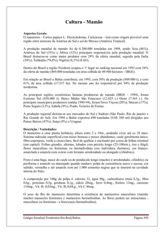 Colégio Estadual Tiradentes-Rio Real/Bahia. Página 395
Cultura - Mamão
Aspectos Gerais:
O mamoeiro - Carica papaya L. Dicotyledonae, Caricaceae - tem como origem provável uma
região entre noroeste da América do Sul e sul do México (América Tropical).
A produção mundial de mamão foi de 6.200.000 toneladas em 1994, sendo Ásia (46%),
América do Sul (33%) e África (12%) principais responsáveis pela produção mundial. O
Brasil destacou-se como maior produtor com 29% da oferta mundial, seguido pela Índia
(24%), Tailândia (*8,8%), Nigéria (8,1%) (FAO).
Dentro do Brasil a região Nordeste ocupou o 1º lugar no ranking nacional em 1993 com 54%
da oferta de mamão (869.000 toneladas em área colhida de 49.940 hectares - IBGE).
Em relação ao Brasil a Bahia contribuiu, em 1993, com 50% da produção (888.000 t), e com
61% da área colhida (17.537 ha). No mesmo ano foi responsável por 94% da produção
nordestina.
As principais regiões econômicas baianas produtoras de mamão (IBGE - 1994), foram
Extremo Sul (858.000 t), Baixo Médio São Francisco (12.825 t.) Oeste (7.365 t.). Os
principais municípios produtores (média 1990-94), foram Nova Viçosa (20%), Mucuri (17%),
Porto Seguro (12%), Itabela (9%), Prado, Teixeira de Freitas.
A produção regional destina-se aos mercados do Sul e Sudeste (São Paulo, Rio de janeiro e
Rio Grande do Sul). Em 1994 a Bahia exportou 690 toneladas (US$ 380 ml) dirigidos aos
Países Baixos (87%), Suíça (9%) e Uruguai.
Descrição / Variedades:
O mamoeiro é uma planta herbácea, altura entre 2 e 10m., podendo viver até os 20 anos.
Sistema radicular superficial com raízes brancas e pouco abundantes, caule geralmente único,
fibro-esponjoso, verde a cinza-claro, fácil de quebrar e encimado por coroa de folhas terminal
(em capitel). Folhas grandes, alternas, lobadas com pecíolo longo (25-100cm.), ôco e frágil;
flores masculinas ou femininas ou hermafroditas (em indivíduos distintos), cor branco-
amarelada a amarela com ovário com formato arredondado ou alongado (cilíndrico).
Fruto é uma baga, nasce do caule ou de pendúculo longo (macho) é arredondado, cilíndrico ou
periforme e amarelo ou alaranjado quando maduro; polpa de consistência suave e sucosa, cor
salmão, vermelha e até amarela com até 1.000 sementes negras que se inserem na cavidade
interna do fruto.
A composição por 100g. de polpa é: calorias 32, água 90g., carboidratos totais 8,3g., fibra
0,6g., proteínas 0,5g. gorduras 0,1g., cálcio 20mg., ferro 0,4mg., fósforo 13mg., caroteno
110mg., Vit. B1 0,03mg., Vit. B2 0,04,g., Vit C 46mg.
O sexo da flor do mamoeiro determina a existência de mamoeiros masculinos (mamão
macho) mamoeiro femininos e mamoeiros hermafroditas. As flores podem ser unissexuais -
masculinas ou femininas - e bissexuais (hermafroditas).
 