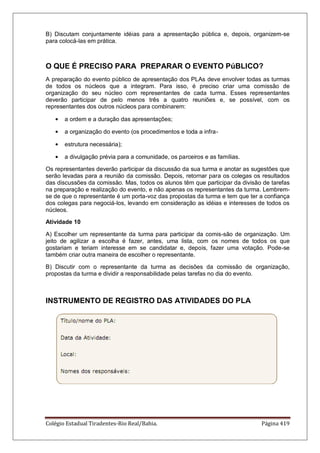 Colégio Estadual Tiradentes-Rio Real/Bahia. Página 419
B) Discutam conjuntamente idéias para a apresentação pública e, depois, organizem-se
para colocá-las em prática.
O QUE É PRECISO PARA PREPARAR O EVENTO PúBLICO?
A preparação do evento público de apresentação dos PLAs deve envolver todas as turmas
de todos os núcleos que a integram. Para isso, é preciso criar uma comissão de
organização do seu núcleo com representantes de cada turma. Esses representantes
deverão participar de pelo menos três a quatro reuniões e, se possível, com os
representantes dos outros núcleos para combinarem:
a ordem e a duração das apresentações;
a organização do evento (os procedimentos e toda a infra-
estrutura necessária);
a divulgação prévia para a comunidade, os parceiros e as famílias.
Os representantes deverão participar da discussão da sua turma e anotar as sugestões que
serão levadas para a reunião da comissão. Depois, retornar para os colegas os resultados
das discussões da comissão. Mas, todos os alunos têm que participar da divisão de tarefas
na preparação e realização do evento, e não apenas os representantes da turma. Lembrem-
se de que o representante é um porta-voz das propostas da turma e tem que ter a confiança
dos colegas para negociá-los, levando em consideração as idéias e interesses de todos os
núcleos.
Atividade 10
A) Escolher um representante da turma para participar da comis-são de organização. Um
jeito de agilizar a escolha é fazer, antes, uma lista, com os nomes de todos os que
gostariam e teriam interesse em se candidatar e, depois, fazer uma votação. Pode-se
também criar outra maneira de escolher o representante.
B) Discutir com o representante da turma as decisões da comissão de organização,
propostas da turma e dividir a responsabilidade pelas tarefas no dia do evento.
INSTRUMENTO DE REGISTRO DAS ATIVIDADES DO PLA
 