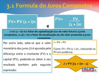 3.1 Formula do Juros Compostos
onde (1 + i)n é o fator de capitalização (ou de valor futuro) a juros
compostos, e 1/(1 +i)n o fator de atualização (ou de valor presente) a juros
compostos.
e
FV= PV (1 + i)n
PV= FV_
(1 + i)n
Por outro lado, sabe-se que o valor
monetário dos juros (J) é apurado pela
diferença entre o montante (FV) e o
capital (PV), podendo-se obter o seu
resultado também pela seguinte
expressão:
J = FV – PV
Como: FV = PV (1 + i)n , colocando-se
PV em evidência:
J = PV [(1 + i)n - 1]
 