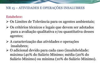 NR 15 – ATIVIDADES E OPERAÇÕES INSALUBRES

Estabelece:
 Os Limites de Tolerância para os agentes ambientais;
 Os critérios técnicos e legais que devem ser adotados
  para a avaliação qualitativa e/ou quantitativa desses
  agentes;
 A caracterização das atividades e operações
  insalubres;
 O adicional devido para cada caso (insalubridade:
  máxima (40% do Salário Mínimo; média (20% do
  Salário Mínimo) ou mínima (10% do Salário Mínimo).
 