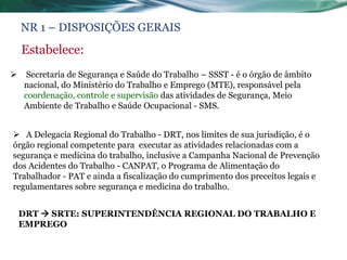 NR 1 – DISPOSIÇÕES GERAIS
    Estabelece:
    Secretaria de Segurança e Saúde do Trabalho – SSST - é o órgão de âmbito
    nacional, do Ministério do Trabalho e Emprego (MTE), responsável pela
    coordenação, controle e supervisão das atividades de Segurança, Meio
    Ambiente de Trabalho e Saúde Ocupacional - SMS.


 A Delegacia Regional do Trabalho - DRT, nos limites de sua jurisdição, é o
órgão regional competente para executar as atividades relacionadas com a
segurança e medicina do trabalho, inclusive a Campanha Nacional de Prevenção
dos Acidentes do Trabalho - CANPAT, o Programa de Alimentação do
Trabalhador - PAT e ainda a fiscalização do cumprimento dos preceitos legais e
regulamentares sobre segurança e medicina do trabalho.


    DRT  SRTE: SUPERINTENDÊNCIA REGIONAL DO TRABALHO E
    EMPREGO
 