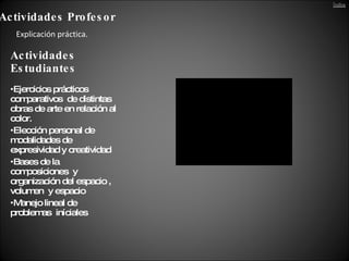 Actividades  Estudiantes Ejercicios prácticos  comparativos  de distintas  obras de arte en relación al color. Elección personal de modalidades de expresividad y creatividad Bases de la composiciones  y organización del espacio , volumen  y espacio Manejo lineal de problemas  iníciales Actividades Profesor Explicación práctica. 