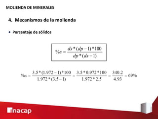 MOLIENDA DE MINERALES
4. Mecanismos de la molienda
• Porcentaje de sólidos
)1(*
100*)1(*
%
dsdp
dpds
s
 