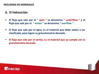 MOLIENDA DE MINERALES
6. El hidrociclón
 El flujo que sale por el “ apex “ se denomina “ underflow “ y el
flujo que sale por el “ vortex “ se denomina “ overflow “.
 El flujo que sale por el apex, es el material que debe volver a ser
clasificado, para lograr su granulometría deseada.
 El flujo que sale por el vortex, es el material que ya cumple con la
granulometría deseada.
 