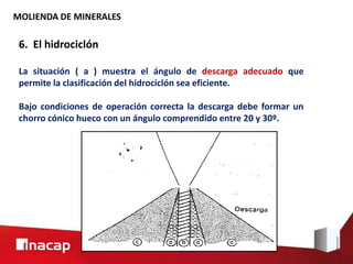 MOLIENDA DE MINERALES
6. El hidrociclón
La situación ( a ) muestra el ángulo de descarga adecuado que
permite la clasificación del hidrociclón sea eficiente.
Bajo condiciones de operación correcta la descarga debe formar un
chorro cónico hueco con un ángulo comprendido entre 20 y 30º.
 