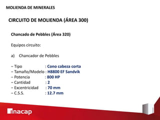 MOLIENDA DE MINERALES
CIRCUITO DE MOLIENDA (ÁREA 300)
Chancado de Pebbles (Área 320)
Equipos circuito:
a) Chancador de Pebbles
− Tipo : Cono cabeza corta
− Tamaño/Modelo : H8800 EF Sandvik
− Potencia : 800 HP
− Cantidad : 2
− Excentricidad : 70 mm
− C.S.S. : 12.7 mm
 