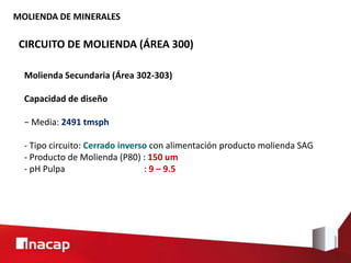 MOLIENDA DE MINERALES
CIRCUITO DE MOLIENDA (ÁREA 300)
Molienda Secundaria (Área 302-303)
Capacidad de diseño
− Media: 2491 tmsph
- Tipo circuito: Cerrado inverso con alimentación producto molienda SAG
- Producto de Molienda (P80) : 150 um
- pH Pulpa : 9 – 9.5
 