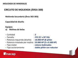 MOLIENDA DE MINERALES
CIRCUITO DE MOLIENDA (ÁREA 300)
Molienda Secundaria (Área 302-303)
Capacidad de diseño
Equipos
a) Molinos de bolas
− Cantidad : 2
− Tamaño : FFE 25’ x 39’ EGL
− Potencia requerida (diseño) : 18.000 HP @ piñón
− Potencia instalada por molino : 19.000 HP (2 x 9.500 HP)
− Tipo motor : rotores bobinados
− Tipo accionamiento : doble piñón con reductor
 