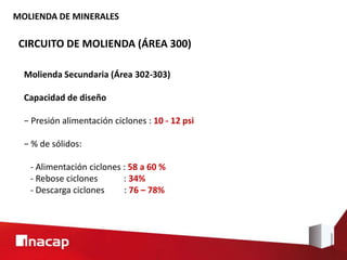 MOLIENDA DE MINERALES
CIRCUITO DE MOLIENDA (ÁREA 300)
Molienda Secundaria (Área 302-303)
Capacidad de diseño
− Presión alimentación ciclones : 10 - 12 psi
− % de sólidos:
- Alimentación ciclones : 58 a 60 %
- Rebose ciclones : 34%
- Descarga ciclones : 76 – 78%
 