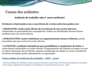 Causas dos acidentes
              Acidente de trabalho não é mero acidente!

Os fatores relacionados com a ocorrência de eventos adversos podem ser:

IMEDIATOS: razões mais óbvias da ocorrência de um evento adverso,
evidenciadas na proximidade das conseqüências. Podem ser identificados diversos fatores
imediatos para um evento adverso.

SUBJACENTES: razões sistêmicas ou organizacionais menos evidentes, porém
necessárias para que ocorra um evento adverso.

LATENTES: condições iniciadoras que possibilitam o surgimento de todos os
outros fatores relacionados ao evento adverso. Frequentemente são remotas no tempo e no que
se refere à hierarquia dos envolvidos, quando consideradas em relação ao evento. Geralmente
envolvem concepção, gestão, planejamento ou organização.

(Guia análise de acidentes do trabalho – MTE – 2010)

Uma boa análise de incidentes requer pessoas treinadas e experientes. Há muita divergência de conceitos
entre causas subjacentes (ou fatores contributivos) e causas latentes (causas –raiz)
 