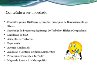 Conteúdo a ser abordado

•   Conceitos gerais: Histórico, definições, princípios de Gerenciamento de
    Riscos
•   Segurança de Processos; Segurança do Trabalho; Higiene Ocupacional
•   Legislação de SSO
•   Acidentes de Trabalho
•   Ergonomia
•   Agentes Ambientais
•   Avaliação e Controle de Riscos Ambientais
•   Prevenção e Combate a Incêndio
•   Mapas de Risco – Atividade prática
 