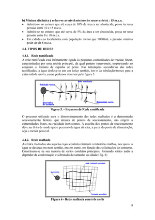 8
b) Mínima dinâmica ( refere-se ao nível mínimo do reservatório) : 15 m.c.a.
 Admite-se no entanto que até cerca de 10% da área a ser abastecida, possa ter uma
pressão entre 10 e 15 m.c.a.
 Admite-se no entanto que até cerca de 5% da área a ser abastecida, possa ter uma
pressão entre 8 e 10 m.c.a.
 Em cidades ou localidades com população menor que 5000hab, a pressão mínima
pode ser de 6 m.c.a.
4.4. TIPOS DE REDES
4.4.1. Rede ramificada
A rede ramificada está intimamente ligada às pequenas comunidades de traçado linear,
caracterizadas por uma artéria principal, da qual partem transversais, emprestando ao
conjunto o formato de espinha de peixe. Nas tubulações secundárias das redes
ramificadas, a água desloca-se em um único sentido, isto é da tubulação-tronco para a
extremidade morta, como podemos observar pela figura 5.
Figura 5. - Esquema de Rede ramificada
O processo utilizado para o dimensionamento das redes malhadas é o denominado
seccionamento fictício, que através de pontos de seccionamento, dão origem a
extremidades livres, na realidade inexistentes. A escolha dos pontos de seccionamento
deve ser feita de modo que o percurso da água até eles, a partir do ponto de alimentação,
seja o menor possível.
4.4.2. Rede malhada
As redes malhadas são aquelas cujos condutos formam verdadeiras malhas, nos quais a
água se desloca ora num sentido, ora em outro, em função das solicitações de consumo.
Constituem-se na sua maioria de vários condutos principais, formando vários anéis a
depender da conformação e sobretudo do tamanho da cidade (fig. 6)
Figura 6 - Rede malhada com três anéis
 