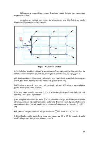 15
d) Supõem-se conhecidos os pontos de entrada e saída de água e os valores das
respectivas vazões;
e) Atribui-se, partindo dos pontos de alimentação, uma distribuição de vazão
hipotética Q0 para cada trecho dos anéis;
Fig.11 - Vazões nos trechos
f) Atribuindo o sentido horário de percurso das vazões como positivo, dá-se um sinal às
vazões, verificando então em cada nó, a equação da continuidade, ou seja Qi = 0;
g) Pré- dimensiona o diâmetro de cada trecho pela condição de velocidade limite ou se
quiser, pela perda de carga máxima admissível que se queira ter;
h) Calcula-se a perda de carga para cada trecho de cada anel. Calcula-se o somatório das
perdas de carga em todos os anéis;
i) Se para todos os anéis tivermos  H = 0, a distribuição de vazões estabelecida está
correta e a rede é dita equilibrada;
j) Se, em pelo menos um dos anéis  H 0, devemos corrigir a distribuição da vazão
admitida, somando-se algebricamente a cada uma delas um valor Q calculado como
mostrado anteriormente, de modo que as novas vazões em cada trecho seja: Q = Q0 +
Q;
k) Repete-se este procedimento até que se obtenha:  H  1 m.c.a e Q  1 l/s
l) Equilibrada a rede, procede-se como nos passos de 10 a 15 do cálculo de rede
ramificada para verificação das pressões nos nós.
 