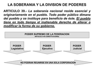 LA SOBERANIA Y LA DIVISION DE PODERES
ARTICULO 39.- La soberanía nacional reside esencial y
originariamente en el pueblo. Todo poder público dimana
del pueblo y se instituye para beneficio de éste. El pueblo
tiene en todo tiempo el inalienable derecho de alterar o
modificar la forma de su gobierno.
PODER
Legislativo
PODER
Ejecutivo
PODER
Judicial
PODER SUPREMO DE LA FEDERACION
ARTICULO 49 CONSTITUCIONAL
NO PODRAN REUNIRSE EN UNA SOLA CORPORACION
 