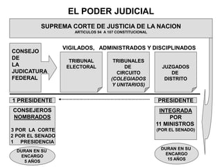 EL PODER JUDICIAL
SUPREMA CORTE DE JUSTICIA DE LA NACION
ARTICULOS 94 A 107 CONSTITUCIONAL
TRIBUNAL
ELECTORAL
CONSEJO
DE
LA
JUDICATURA
FEDERAL
TRIBUNALES
DE
CIRCUITO
(COLEGIADOS
Y UNITARIOS)
JUZGADOS
DE
DISTRITO
VIGILADOS, ADMINISTRADOS Y DISCIPLINADOS
INTEGRADA
POR
11 MINISTROS
(POR EL SENADO)
DURAN EN SU
ENCARGO
15 AÑOS
PRESIDENTE
1 PRESIDENTE
CONSEJEROS
NOMBRADOS
3 POR LA CORTE
2 POR EL SENADO
1 PRESIDENCIA
DURAN EN SU
ENCARGO
5 AÑOS
 