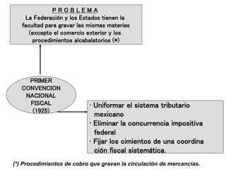 P R O B L E M A
La Federación y los Estados tienen la
facultad para gravar las mismas materias
(excepto el comercio exterior y los
procedimientos alcabalatorios (*)
• Uniformar el sistema tributario
mexicano
• Eliminar la concurrencia impositiva
federal
• Fijar los cimientos de una coordina
ción fiscal sistemática.
PRIMER
CONVENCION
NACIONAL
FISCAL
(1925)
(*) Procedimientos de cobro que gravan la circulación de mercancías.
 
