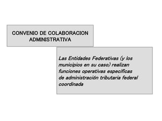 CONVENIO DE COLABORACION
ADMINISTRATIVA
Las Entidades Federativas (y los
municipios en su caso) realizan
funciones operativas especificas
de administración tributaria federal
coordinada
 