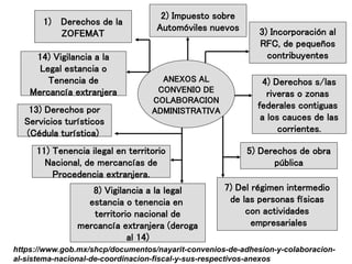 ANEXOS AL
CONVENIO DE
COLABORACION
ADMINISTRATIVA
1) Derechos de la
ZOFEMAT
2) Impuesto sobre
Automóviles nuevos 3) Incorporación al
RFC, de pequeños
contribuyentes
4) Derechos s/las
riveras o zonas
federales contiguas
a los cauces de las
corrientes.
5) Derechos de obra
pública
7) Del régimen intermedio
de las personas físicas
con actividades
empresariales
8) Vigilancia a la legal
estancia o tenencia en
territorio nacional de
mercancía extranjera (deroga
al 14)
11) Tenencia ilegal en territorio
Nacional, de mercancías de
Procedencia extranjera.
13) Derechos por
Servicios turísticos
(Cédula turística)
14) Vigilancia a la
Legal estancia o
Tenencia de
Mercancía extranjera
https://www.gob.mx/shcp/documentos/nayarit-convenios-de-adhesion-y-colaboracion-
al-sistema-nacional-de-coordinacion-fiscal-y-sus-respectivos-anexos
 