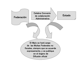 Celebra Convenio
de colaboración
Administrativa
El Mpio se hará cargo
de las Multas Federales no
fiscales, siempre que se acuerde
expresamente, y se publique
en el órgano de
Difusión oficial
Federación
Estado
 