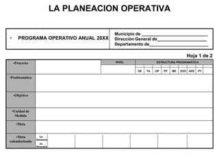 LA PLANEACION OPERATIVA
•Meta
calendarizada
•Meta
•Unidad de
Medida
•Objetivo
•Problemática
•Proyecto
OE TA OP PP ME EDO AEE PY
NIVEL ESTRUCTURA PROGRAMÁTICA
1er.
Semestre
2o.
Semestre
• PROGRAMA OPERATIVO ANUAL 20XX
Municipio de ____________________________
Dirección General de_____________________
Departamento de_________________________
Hoja 1 de 2
 