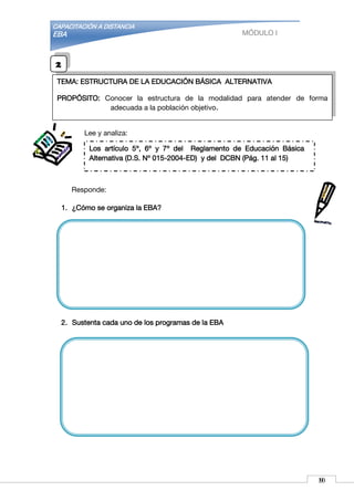 CAPACITACIÓN A DISTANCIA
EBA MÓDULO I
Lee y analiza:
Responde:
1. ¿Cómo se organiza la EBA?
2. Sustenta cada uno de los programas de la EBA
TEMA: ESTRUCTURA DE LA EDUCACIÓN BÁSICA ALTERNATIVA
PROPÓSITO: Conocer la estructura de la modalidad para atender de forma
adecuada a la población objetivo.
Los artículo 5º, 6º y 7º del Reglamento de Educación Básica
Alternativa (D.S. Nº 015-2004-ED) y del DCBN (Pág. 11 al 15)
2
910
 