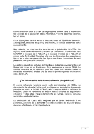 CAPACITACIÓN A DISTANCIA
EBA MÓDULO I
En una situación ideal, el CEBA del organigrama anterior tiene la mayoría de
los servicios de la Educación Básica Alternativa. Y como podemos observar,
hay un orden.
Es un organigrama vertical. Arriba la dirección, abajo los órganos de ejecución.
A la izquierda, el equipo de apoyo y a la derecha, el consejo académico como
asesoramiento.
Hay, además, se observan dos espacios en la jurisdicción del CEBA. Un
espacio es el “centro referencial” y el otro, los “periféricos”. En el cuadro dela
LEYENDA el triángulo es el PEBANA y el triángulo invertido es el PEBAJA; el
rombo es la Continuidad Educativa y la cruz los Itinerantes. Los espacios en
blanco es la atención presencial, las figuras con líneas horizontales la semi
presencial y los puntos es distancia.
Los actores educativos se hallan distribuidos en todos los servicios tanto en el
Referencial como en los Periféricos. Todo pertenecen al mismo CEBA. La
variante itinerante se ha diseñado para las zonas más alejadas rurales o
selváticas. Finalmente, encada uno de ellos se puede organizar los diversos
ciclos de la EBA.
¿Qué relación existe entre el centro referencial y los periféricos?
El centro referencial funciona como sede administrativa del CEBA, su
ubicación le da primacía institucional, aquí tienen su espacio los órganos de
participación como el CONEI, COPAE y el Consejo Académico, así como la
Dirección. Desde el Referencial el director realiza acciones de seguimiento
educativo. Todos ellos, independientemente de turnos, horarios, jornadas
semanales, o calendarización.
La jurisdicción del CEBA está integrada por el centro referencial y los
periféricos, producto de la demanda y condiciones reales de disponer plazas
docentes y facilidades en la infraestructura.
19
 