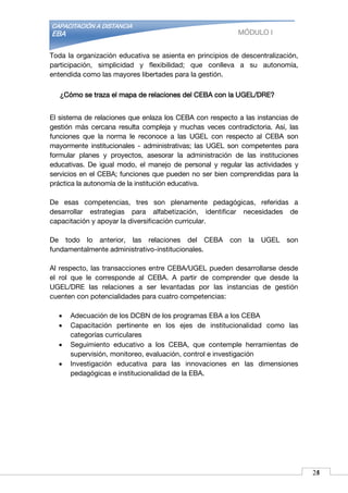 CAPACITACIÓN A DISTANCIA
EBA MÓDULO I
Toda la organización educativa se asienta en principios de descentralización,
participación, simplicidad y flexibilidad; que conlleva a su autonomía,
entendida como las mayores libertades para la gestión.
¿Cómo se traza el mapa de relaciones del CEBA con la UGEL/DRE?
El sistema de relaciones que enlaza los CEBA con respecto a las instancias de
gestión más cercana resulta compleja y muchas veces contradictoria. Así, las
funciones que la norma le reconoce a las UGEL con respecto al CEBA son
mayormente institucionales - administrativas; las UGEL son competentes para
formular planes y proyectos, asesorar la administración de las instituciones
educativas. De igual modo, el manejo de personal y regular las actividades y
servicios en el CEBA; funciones que pueden no ser bien comprendidas para la
práctica la autonomía de la institución educativa.
De esas competencias, tres son plenamente pedagógicas, referidas a
desarrollar estrategias para alfabetización, identificar necesidades de
capacitación y apoyar la diversificación curricular.
De todo lo anterior, las relaciones del CEBA con la UGEL son
fundamentalmente administrativo-institucionales.
Al respecto, las transacciones entre CEBA/UGEL pueden desarrollarse desde
el rol que le corresponde al CEBA. A partir de comprender que desde la
UGEL/DRE las relaciones a ser levantadas por las instancias de gestión
cuenten con potencialidades para cuatro competencias:
 Adecuación de los DCBN de los programas EBA a los CEBA
 Capacitación pertinente en los ejes de institucionalidad como las
categorías curriculares
 Seguimiento educativo a los CEBA, que contemple herramientas de
supervisión, monitoreo, evaluación, control e investigación
 Investigación educativa para las innovaciones en las dimensiones
pedagógicas e institucionalidad de la EBA.
2425
 