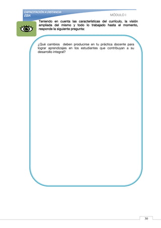 CAPACITACIÓN A DISTANCIA
EBA MÓDULO I
Teniendo en cuenta las características del currículo, la visión
ampliada del mismo y todo lo trabajado hasta el momento,
responde la siguiente pregunta:
¿Qué cambios deben producirse en tu práctica docente para
lograr aprendizajes en los estudiantes que contribuyan a su
desarrollo integral?
30
 