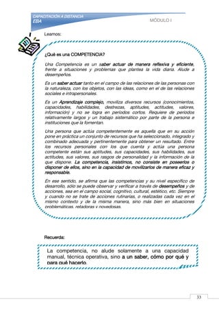 CAPACITACIÓN A DISTANCIA
EBA MÓDULO I
La competencia, no alude solamente a una capacidad
manual, técnica operativa, sino a un saber, cómo por qué y
para qué hacerlo.
Leamos:
Recuerda:
¿Qué es una COMPETENCIA?
Una Competencia es un saber actuar de manera reflexiva y eficiente,
frente a situaciones y problemas que plantea la vida diaria. Alude a
desempeños.
Es un saber actuar tanto en el campo de las relaciones de las personas con
la naturaleza, con los objetos, con las ideas, como en el de las relaciones
sociales e intrapersonales.
Es un Aprendizaje complejo, moviliza diversos recursos (conocimientos,
capacidades, habilidades, destrezas, aptitudes, actitudes, valores,
información) y no se logra en períodos cortos. Requiere de períodos
relativamente largos y un trabajo sistemático por parte de la persona e
instituciones que la fomentan.
Una persona que actúa competentemente es aquella que en su acción
pone en práctica un conjunto de recursos que ha seleccionado, integrado y
combinado adecuada y pertinentemente para obtener un resultado. Entre
los recursos personales con los que cuenta y actúa una persona
competente están sus aptitudes, sus capacidades, sus habilidades, sus
actitudes, sus valores, sus rasgos de personalidad y la información de la
que dispone. La competencia, insistimos, no consiste en poseerlos o
disponer de ellos, sino en la capacidad de movilizarlos de manera eficaz y
responsable.
En ese sentido, se afirma que las competencias y su nivel específico de
desarrollo, sólo se puede observar y verificar a través de desempeños y de
acciones, sea en el campo social, cognitivo, cultural, estético, etc. Siempre
y cuando no se trate de acciones rutinarias, o realizadas cada vez en el
mismo contexto y de la misma manera, sino más bien en situaciones
problemáticas, retadoras y novedosas.
Por ello desarrollar competencias supone desarrollar la habilidad de hacer
uso de esos y otros recursos para desempeñarse con efectividad y
pertinencia, aún en las circunstancias más desafiantes de la vida personal,
ciudadana o laboral.
33
 