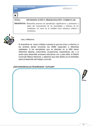 CAPACITACIÓN A DISTANCIA
EBA MÓDULO I
Lee y reflexiona:
Si diversificar es hacer múltiple o diverso lo que era único y uniforme, si
los ámbitos donde funcionan los CEBA responden a diferentes
realidades, si los estudiantes que se atienden en la EBA tienen
diferentes saberes, costumbres, ocupaciones, expectativas, etc. y si
existe para desarrollar procesos educativos con y para ellos, el Diseño
Curricular Básico Nacional, y sabemos que este diseño es el orientador
parta el desarrollo del trabajo curricular.
¿Qué entendemos por Diversificación Curricular?
TEMA: DIVERSIFICACIÓN Y PROGRAMACIÓN CURRICULAR
PROPÓSITO: Desarrollar procesos de aprendizajes significativos y pertinentes a
partir del conocimiento de las necesidades e intereses de los
estudiantes así como de la realidad socio educativa cultural y
económica.
8
37
 