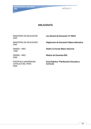 CAPACITACIÓN A DISTANCIA
EBA MÓDULO I
BIBLIOGRAFÍA
MINISTERIO DE EDUCACIÓN
2003
Ley General de Educación Nº 28044
MINISTERIO DE EDUCACIÓN
2004
Reglamento de Educación Básica Alternativa
DINEBA – MED
2006
Diseño Curricular Básico Nacional
DINEBA – MED
2006
Módulo de Docentes EBA
PONTIFICIA UNIVERSIDAD
CATÓLICA DEL PERÚ
2006
Guía Didáctica “Planificación Educativa y
Curricular
60
 