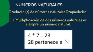 Producto (*) de números naturales Propiedades:


La Multiplicación de dos números naturales es
siempre un número natural.












NUMEROSNATURALES
 